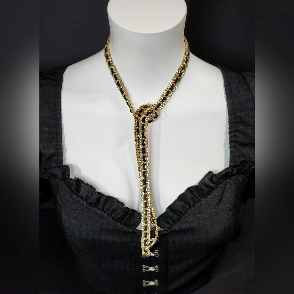 Long Gold, Black, Clear Rhinestoned Tie Necklace